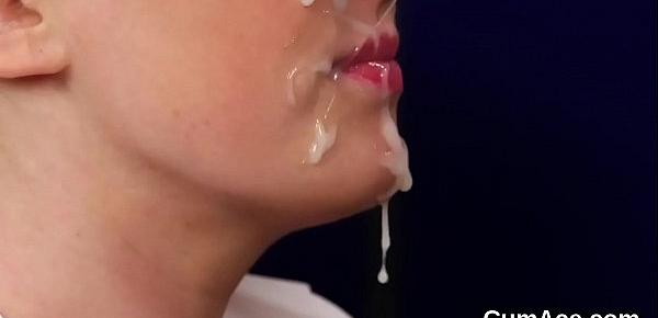  Unusual centerfold gets cum shot on her face eating all the jizm